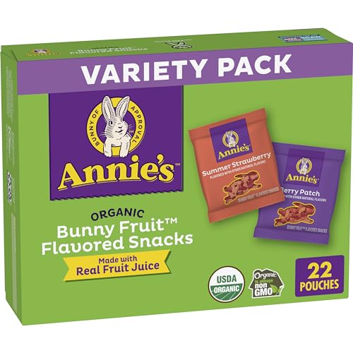 Snacks de frutas orgánicas con forma de conejito de Annie, paquete variado, snack sin gluten, 22 unidades, 15,4 oz