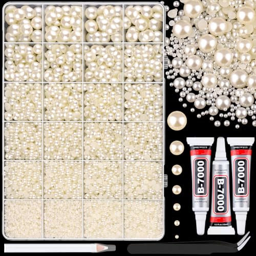 11000 piezas de perlas planas para manualidades (blanco marfil/beige), tamaños variados 2/3/4/5/6/8/10 mm, media perla con 3 piezas de pegamento para joyería B7000 de 10 ml, cuentas deslumbrantes para manualidades, ropa, vasos, zapatos, arte de uñas