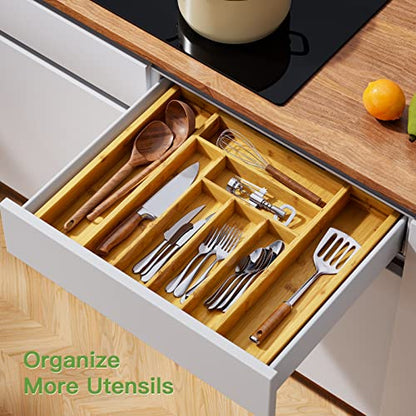 Organizador de cajones expandible de bambú Pipishell para utensilios, bandeja ajustable para cubiertos, organizador de divisores de cajones de madera para cubiertos, cubiertos y cuchillos en la cocina, el dormitorio y la sala de estar