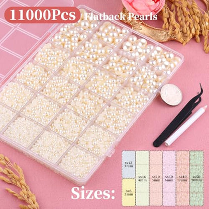 11000 piezas de perlas planas para manualidades (blanco marfil/beige), tamaños variados 2/3/4/5/6/8/10 mm, media perla con 3 piezas de pegamento para joyería B7000 de 10 ml, cuentas deslumbrantes para manualidades, ropa, vasos, zapatos, arte de uñas