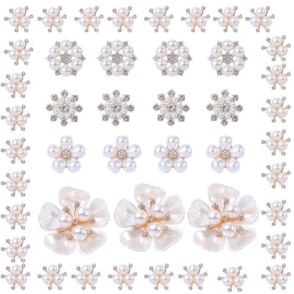 45 piezas de botones de perlas de diamantes de imitación, adornos de flores, broches, dijes plateados, botones de parte posterior plana para manualidades, ramos, ropa, zapatos, joyas