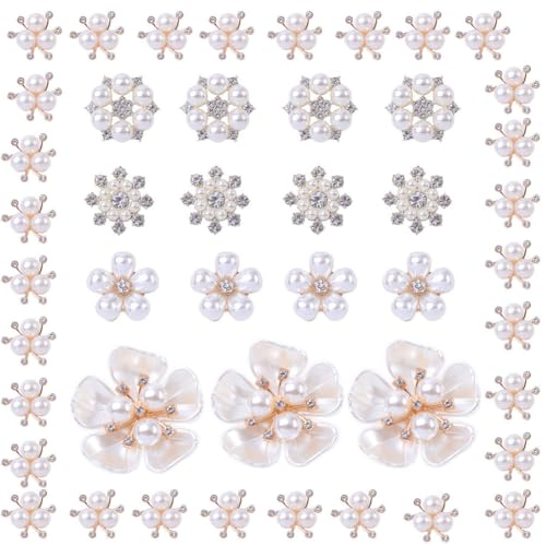 45 piezas de botones de perlas de diamantes de imitación, adornos de flores, broches, dijes plateados, botones de parte posterior plana para manualidades, ramos, ropa, zapatos, joyas