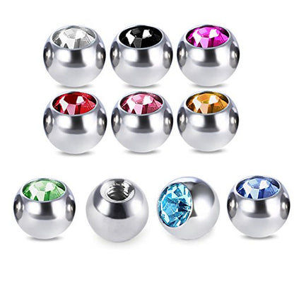 COTTVOTT 10 piezas de tornillos de cristales de 14 g y 16 g para piercings de lengua, labio, ceja, herradura, ombligo, aretes, bolas de repuesto, piercings de acero inoxidable