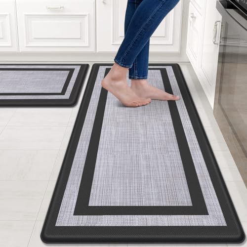 Mattitude - Alfombrilla de cocina (2 unidades), acolchada, antifatiga, antideslizante, impermeable, ergonómica, cómoda, para cocina, suelo, oficina, fregadero, lavandería, color negro y gris