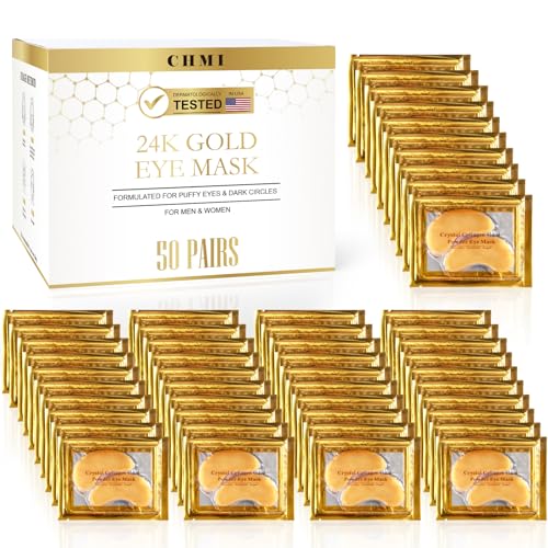 Parches para debajo de los ojos de CHMI (50 pares): parches para ojos de oro de 24 quilates para ojos hinchados, ojeras, bolsas y arrugas debajo de los ojos, productos para el cuidado de la piel con colágeno, belleza y cuidado personal