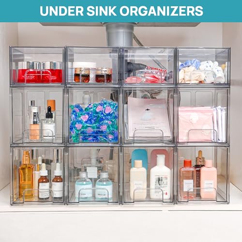 Vtopmart 4 Pack Stackable Storage Drawers, 6.6''Tall Acrylic Bathroom Makeup Organizers,Clear Plastic Drawers For Vanity, Undersink, Kitchen Cabinet,Pantry Organization and Storage