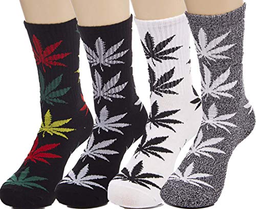 Calcetines altos de algodón con estampado de hojas de marihuana Lucky Ben, paquete de 4 pares, colores variados, aptos para calzado de talla 7 a 11