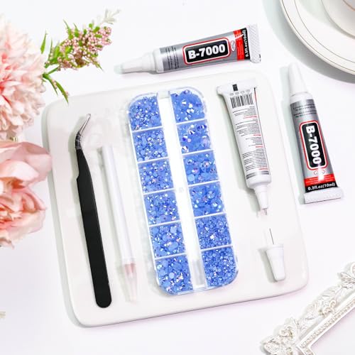 B7000 Clear Glue with 4000PCS Light Blue AB Rhinestones for Crafts Clothing Fabric Shoes, Glue Fix Sky Blue Flatback Gems for Nails Face Jewelry, Mixed 5 Sizes Diamond Gemstones Bejeweled Kit