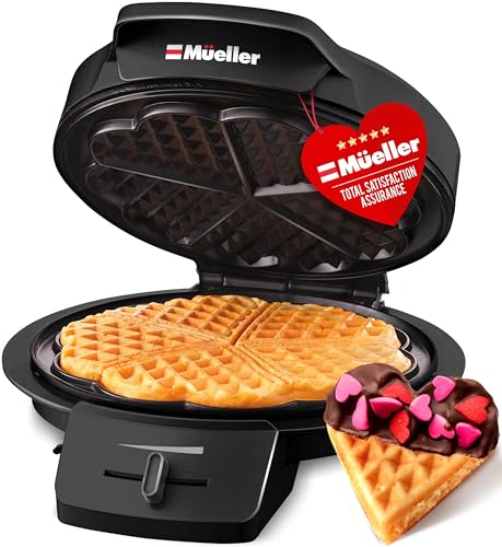 Máquina para hacer waffles Mueller Heart 5, plancha para waffles, control de tostado ajustable y antiadherente, mango de tacto frío, fácil de limpiar, pequeños electrodomésticos de cocina