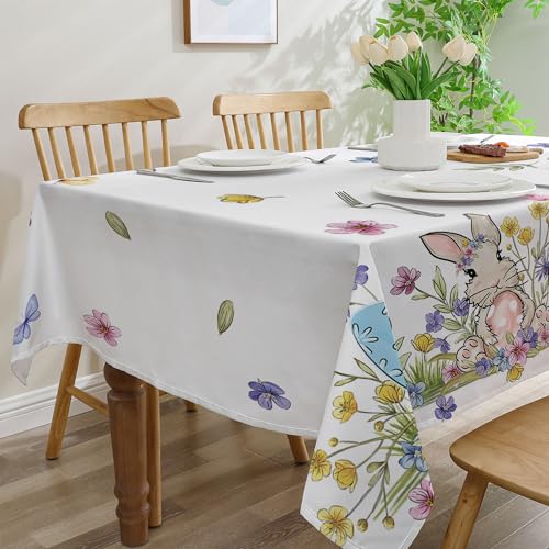 Easter Tablecloth 60x84 Inch Rectangle, Easter Table Decor, Spring Table Cloth Rectangle for Party, Table Floral Rabbit and Eggs Easter Decorations for Home