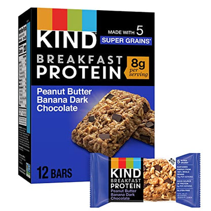 KIND Breakfast, barra de refrigerio saludable, barra de desayuno sin gluten con mantequilla de maní, plátano y chocolate negro, 8 g de proteína, paquetes de 1,76 oz (6 unidades)