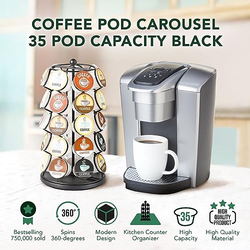 Soporte para cápsulas K, compatible con cápsulas K, carrusel para cápsulas de café, soporte para 35 cápsulas K, gira 360 grados, plataforma Lazy Susan, diseño negro moderno, organizador de encimeras de cocina para el hogar o la oficina