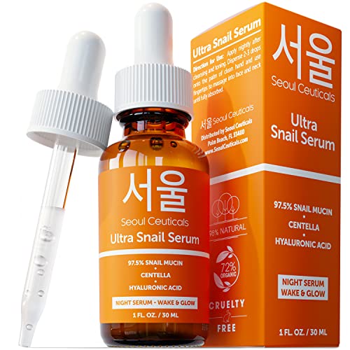 Suero de mucina de caracol al 97,5 % para el cuidado de la piel de SeoulCeuticals Korean Skin Care – Suero de noche K Beauty Skincare Ácido hialurónico para el rostro – Suero antiarrugas con centella de 1 oz