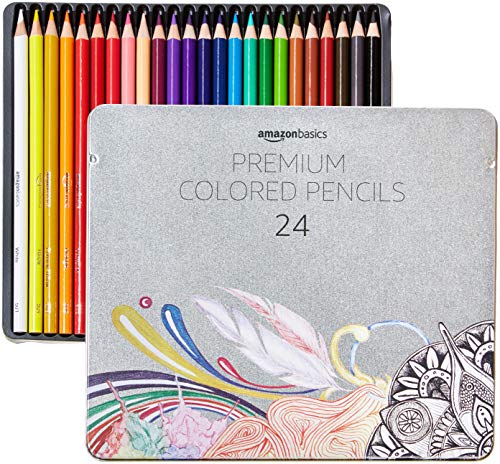 Lápices de colores premium de Amazon Basics, paquete de 24, núcleo blando, multicolor, útiles escolares (paquete de 1) 