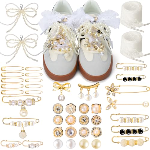 AIERSA Charms para zapatos, calcetines, zapatillas, 43 piezas de abalorios de perlas para cordones de zapatos, alfileres para calcetines, elegantes adornos para zapatos para mujer, broches, botones para ropa, sombreros, decoración