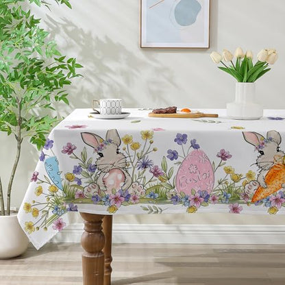 Easter Tablecloth 60x84 Inch Rectangle, Easter Table Decor, Spring Table Cloth Rectangle for Party, Table Floral Rabbit and Eggs Easter Decorations for Home