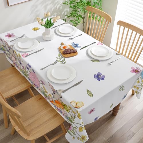 Easter Tablecloth 60x84 Inch Rectangle, Easter Table Decor, Spring Table Cloth Rectangle for Party, Table Floral Rabbit and Eggs Easter Decorations for Home