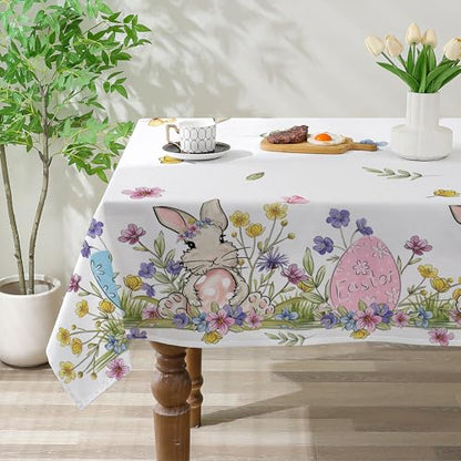 Easter Tablecloth 60x84 Inch Rectangle, Easter Table Decor, Spring Table Cloth Rectangle for Party, Table Floral Rabbit and Eggs Easter Decorations for Home