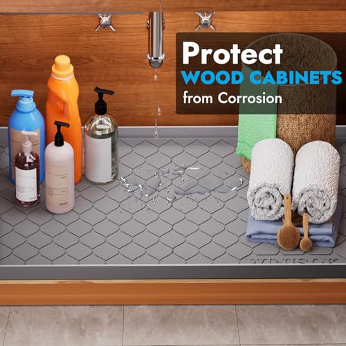 Alfombrilla impermeable para debajo del fregadero de 34" x 22" para gabinetes de cocina y baño, protector de estantes y encimeras, organizadores y almacenamiento, bandeja de goteo de silicona, accesorios y dispositivos