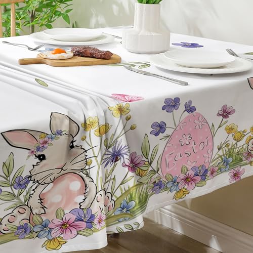 Easter Tablecloth 60x84 Inch Rectangle, Easter Table Decor, Spring Table Cloth Rectangle for Party, Table Floral Rabbit and Eggs Easter Decorations for Home