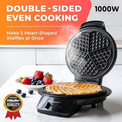 Máquina para hacer waffles Mueller Heart 5, plancha para waffles, control de tostado ajustable y antiadherente, mango de tacto frío, fácil de limpiar, pequeños electrodomésticos de cocina