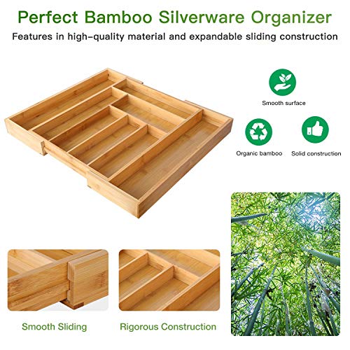 Organizador de cajones expandible de bambú Pipishell para utensilios, bandeja ajustable para cubiertos, organizador de divisores de cajones de madera para cubiertos, cubiertos y cuchillos en la cocina, el dormitorio y la sala de estar