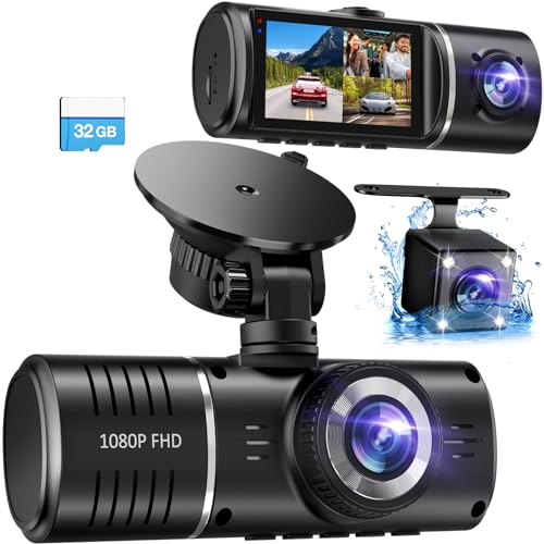 Dash Cam Front and Rear Inside, 3 Channel Dash Camera for Cars, 1080P Car Dash Cam, Triple Dash Cam, Dash Camera with 32GB Card, Loop Recording, HDR, G-Sensor, 24Hr Parking