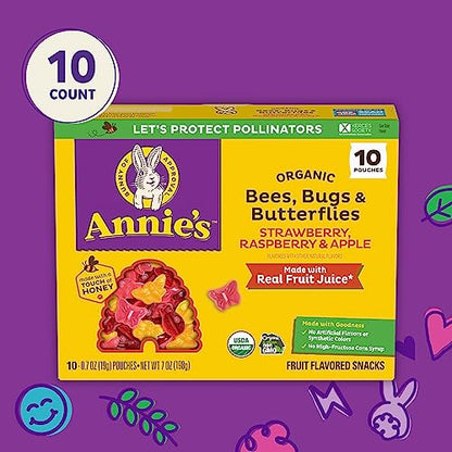 Snacks orgánicos con sabor a frutas de abejas, insectos y mariposas de Annie, 10 sobres, 7 oz