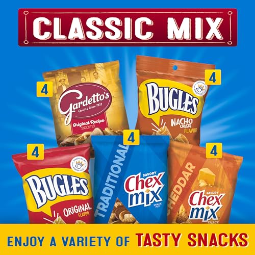 Paquete variado de bocadillos clásicos, Bugles Original y queso nacho, receta original de Gardetto, Chex Mix tradicional y queso cheddar, 28 oz (20 bolsas)