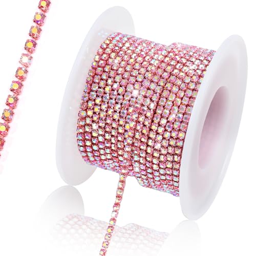 10 Yards 2 MM Rhinestone Chain Trim Crystal Rhinestone Close Chain Trim Rhinestone Chain, for Sewing Crafts, DIY Decoration, Jewelry, Clothing, Shoes (Dark Pink AB)