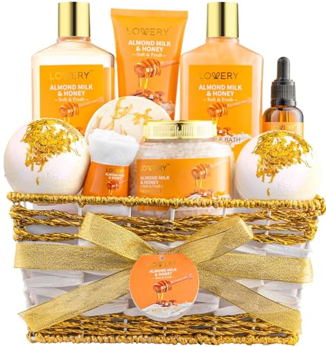 Cesta de regalo para mujer: set de belleza y cuidado personal de 10 piezas con leche de almendras y miel; paquete de mimos para el baño en casa para relajarse; kit de cuidado personal de spa; regalo de agradecimiento, cumpleaños, mamá y aniversario