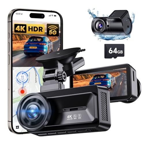 Dash Cam Front and Rear, 4K Full HD Dual Dash Camera for Cars Built-in 5G WiFi GPS, 64GB Card, Car Camera with 3" IPS Screen, UHD 2160P Night Vision, HDR, App Control, 24H Parking Monitor