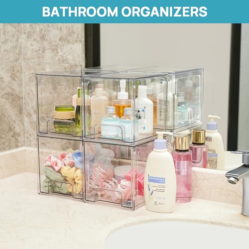 Vtopmart 4 Pack Stackable Storage Drawers, 6.6''Tall Acrylic Bathroom Makeup Organizers,Clear Plastic Drawers For Vanity, Undersink, Kitchen Cabinet,Pantry Organization and Storage