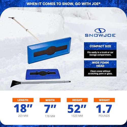 Escoba para nieve y rascador de hielo telescópico de 18" para ventanas de automóviles Snow Joe, espuma que no raya, azul