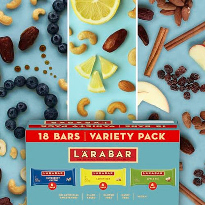 Paquete variado Larabar: muffin de arándanos, barra de limón, tarta de manzana, barras de frutas y nueces, 18 unidades