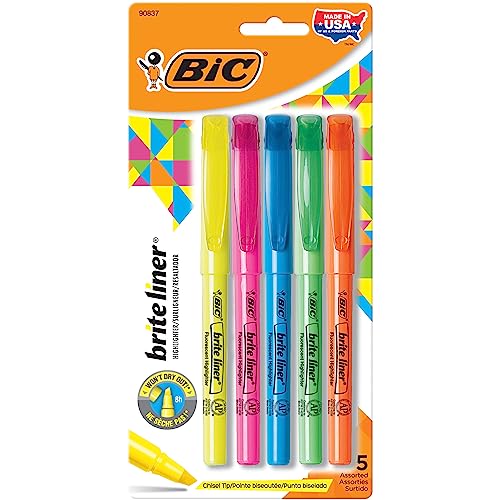 Resaltadores BIC Brite Liner, punta biselada, paquete de 5 resaltadores de colores surtidos, juego de resaltadores ideal para organizar y colorear