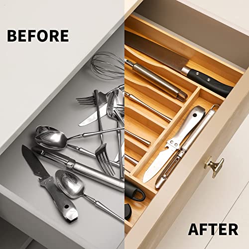 Organizador de cajón de cocina de bambú expandible para cubiertos y utensilios, bandeja de cubiertos de madera de bambú ajustable en cajón para cubiertos y cubiertos en la cocina (natural)