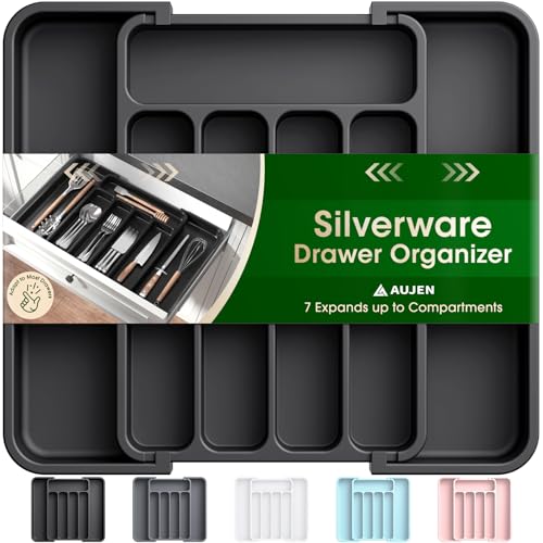 Organizador de cubiertos Aujen: organizador de cajones de cocina expandible, organizador de utensilios ajustable, organizador de cajones de cubiertos para tenedores, cuchillos, organizadores de cocina multiusos y solución de almacenamiento, color negro