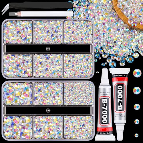 Resin Jelly Rhinestones for Crafting with B7000 Jewelry Glue, 2 Boxes Transparent AB Flatback Crystals with 2Pcs 10ml Glue, Bedazzling Non Hotfix Gems for DIY Tumblers Clothing Shoes Manicure