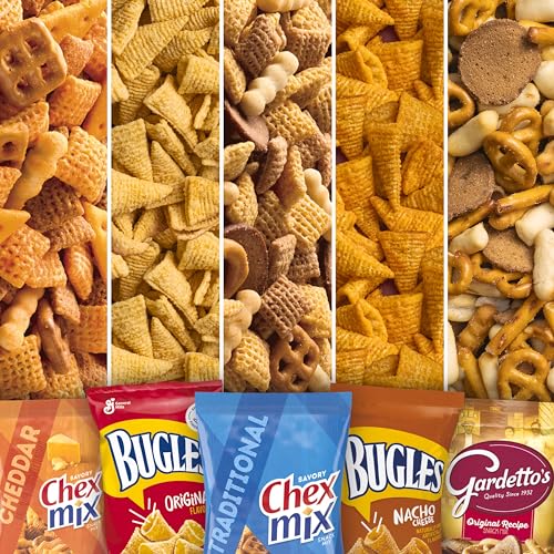 Paquete variado de bocadillos clásicos, Bugles Original y queso nacho, receta original de Gardetto, Chex Mix tradicional y queso cheddar, 28 oz (20 bolsas)