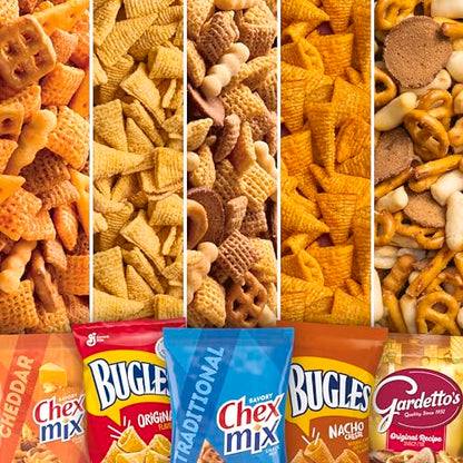 Paquete variado de bocadillos clásicos, Bugles Original y queso nacho, receta original de Gardetto, Chex Mix tradicional y queso cheddar, 28 oz (20 bolsas)